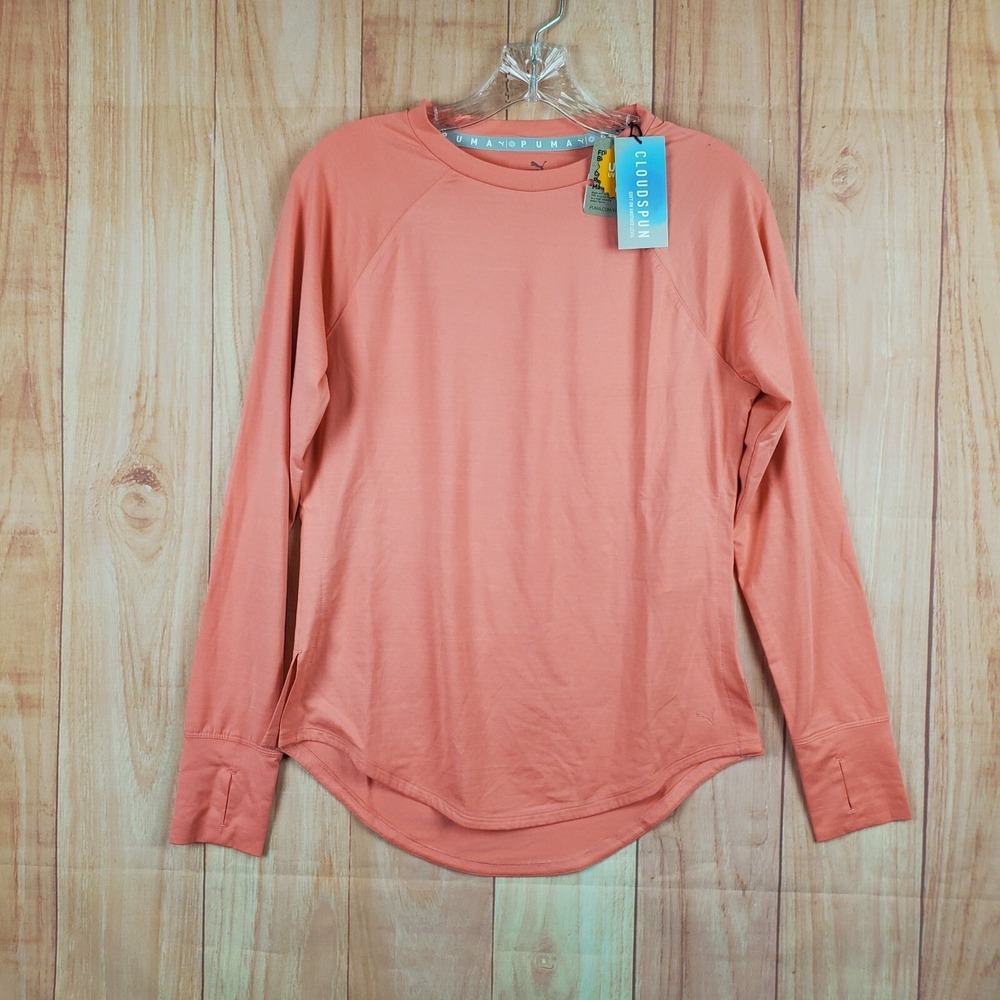 Puma Cloudspun Womens Shirt Small Orange Crew Long Sleeve Thumb Hole Pullover